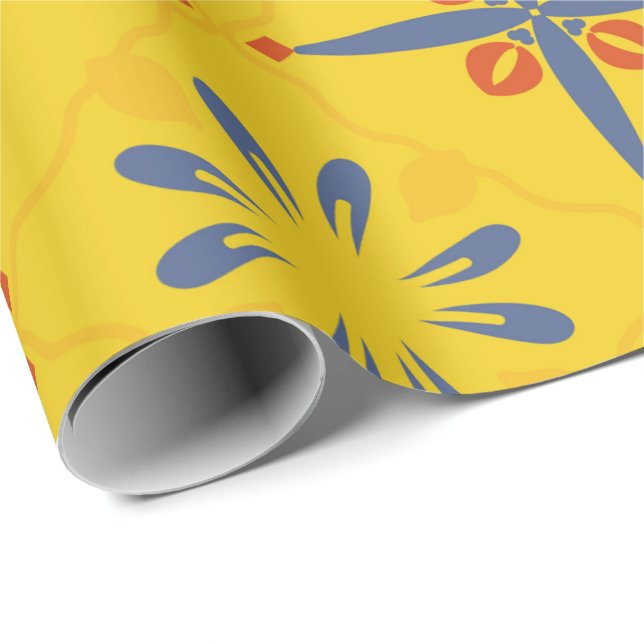 Gul och blå blomsterplattmönster med symmetri presentpapper (Rullad Hörn)