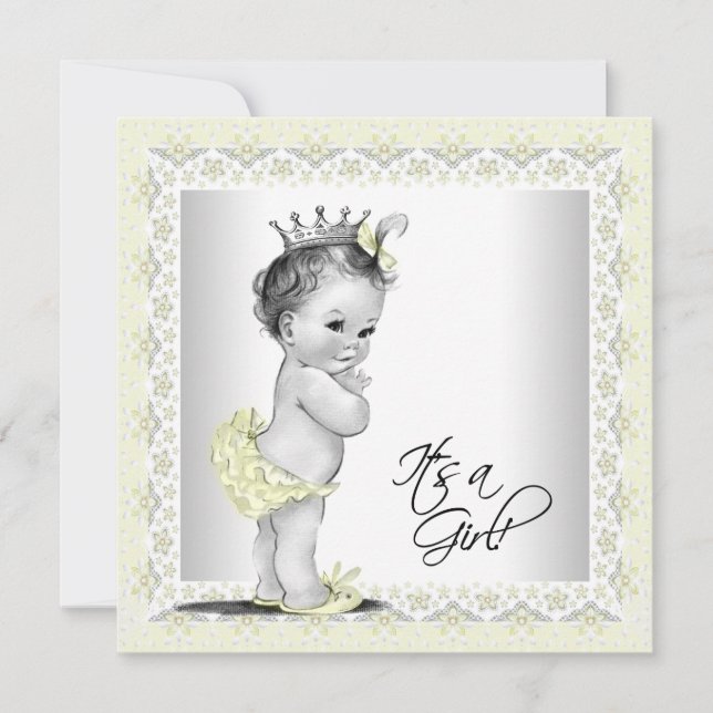 Gul och grå babyflicka shower inbjudningar (Framsida)