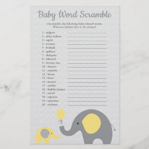Gul och Grå Elefant Baby Shower Bokstavsförvrängni Flygblad