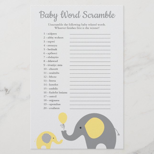 Gul och Grå Elefant Baby Shower Bokstavsförvrängni Flygblad (Framsidan)
