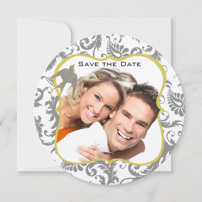 Gul och grå vintage fågel damask inbjudningar (Framsida)