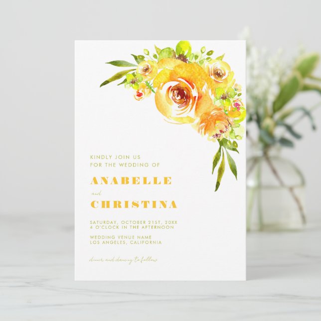 Gul och grön akvarell blomster trädgård bröllop inbjudningar (Stående Fram)