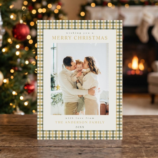 Gul och grön Gingham julbild Julkort (Skapare uppladdad)