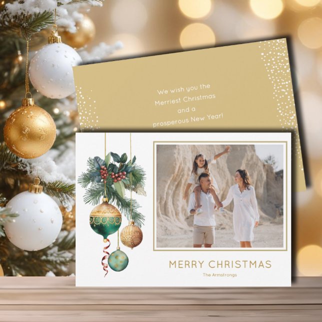 Gul och grön julgransprydnader Foto Julkort (Chic green and gold Christmas tree ornaments flat photo holiday greeting cards)