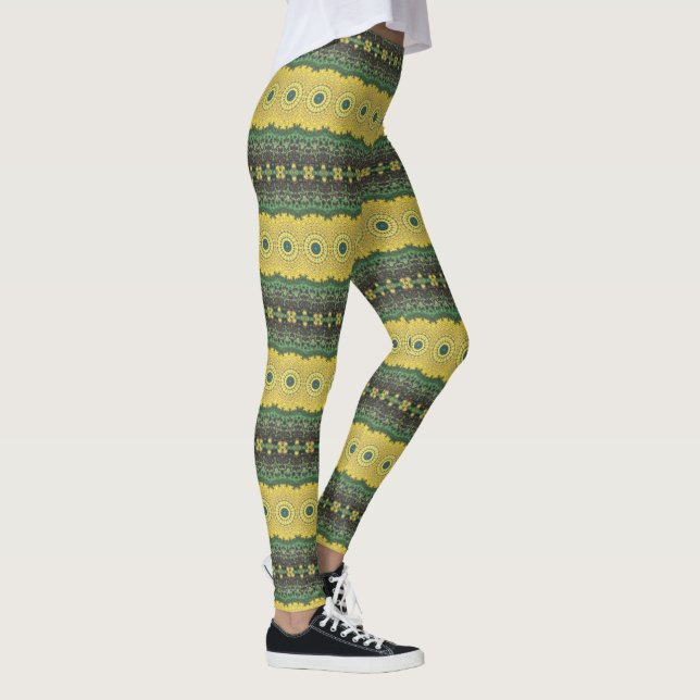 Gul och grön Kalejdoskopisk Mandala-mönster Leggings (Höger)