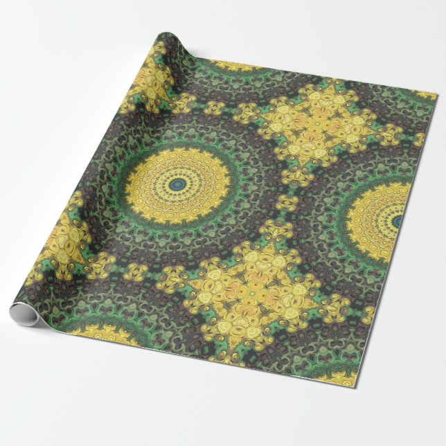 Gul och grön Kalejdoskopisk Mandala-mönster Presentpapper (Utrullad)