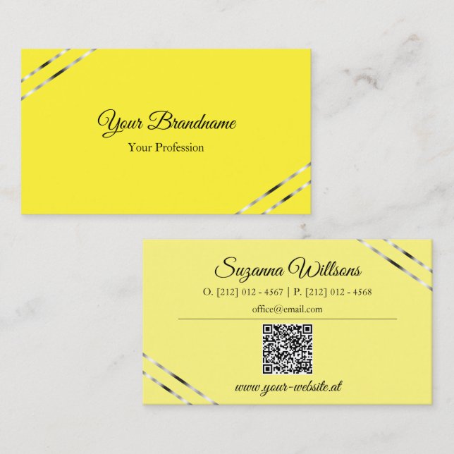 Gul och kräm med silverlinjer QR-kod Elegant Visitkort (Fram/baksida)