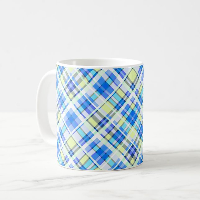 Gul och ljusblå rutig tryckt mönster kaffemugg (Framsida vänster)