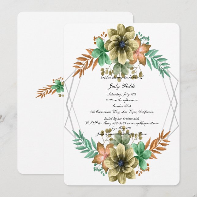 Gul Och Orange Akvarell Blommig Bröllopsfest Inbjudningar (Fram/baksida)