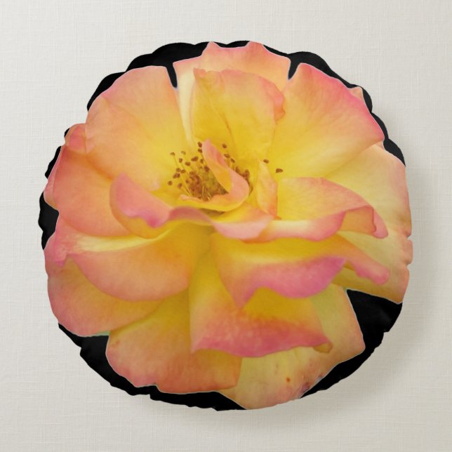 Gul och rosa blommande ros rund kudde (Framsidan)