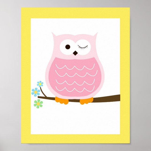 Gul och rosa trendig uggla konsttryck poster (Framsidan)