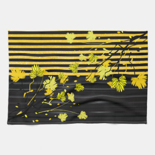 Gul och svart blommigt för art déco kökshandduk