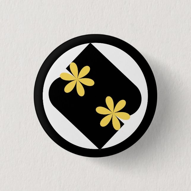 Gul och svart tusenskönsblomma rund knapp (Framsida)