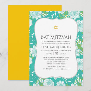 Gul och turkos blomster Bat Mitzvah Inbjudningar