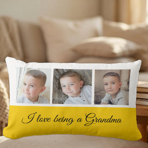 Gul och vit fotokollage för Mormor Lumbarkudde