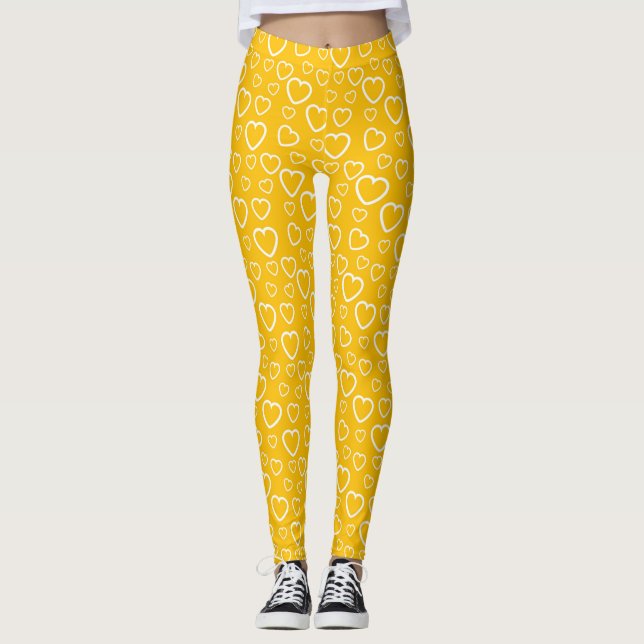 Gul och vit kärlekshjärtmönster leggings (Framsida)