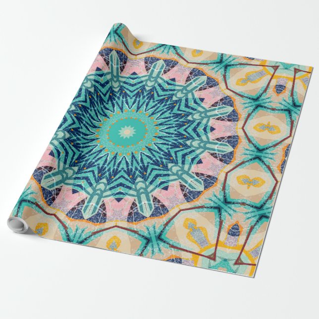 Gul-orange, mint och rosa mandala. presentpapper (Utrullad)