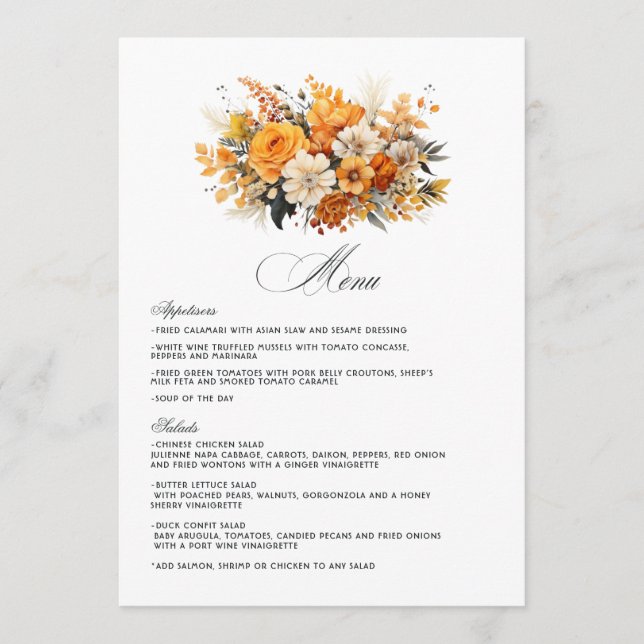 Gul, orange och elfenbensfärgad blombröllop meny (Framsida)