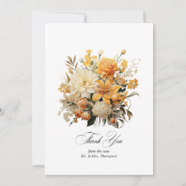 Gul, orange och elfenbensfärgad blombröllop tack kort