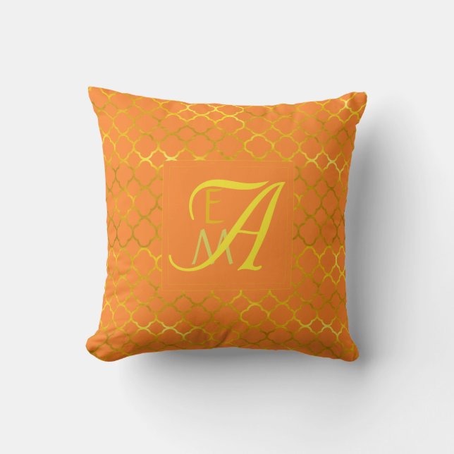 Gul orange quatrefoil MONOGRAM Guld Bröllop Kudde (Framsida)