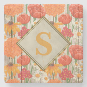 Gul Orange Röd Blommig Vit Tusenskönor Monogram Underlägg Sten