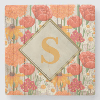 Gul Orange Röd Blommig Vit Tusenskönor Monogram Underlägg Sten