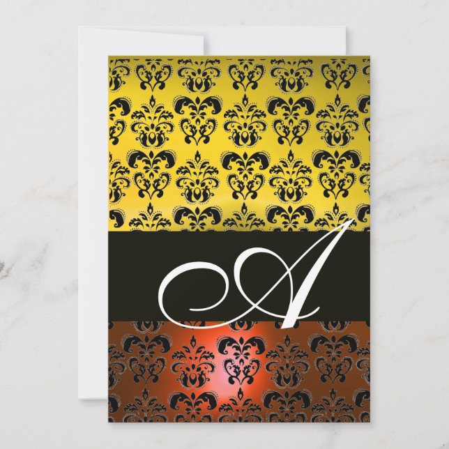 GUL ORANGE SVART DAMAST MONOGRAM ,ljus vit Inbjudningar (Framsida)