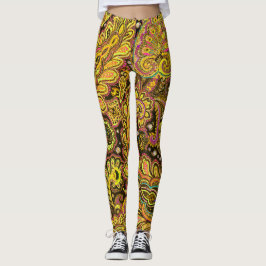 Gul Paisley-design på svart Leggings