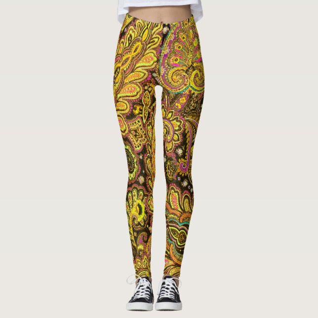 Gul Paisley-design på svart Leggings (Framsida)