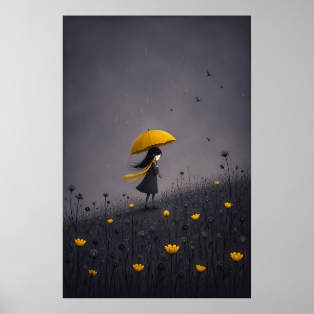 Gul Paraply Mörk Whimsical Blommig Affisch (Framsidan)