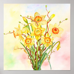 Gul påskliljavår blommor för vattenfärg poster