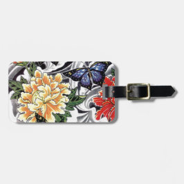 Gul Peony och Fjäril Tatuering Design Bagagebricka