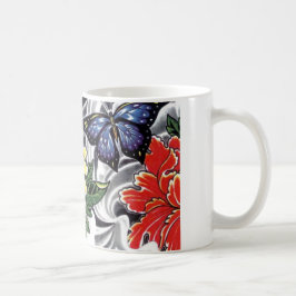 Gul Peony och Fjäril Tatuering Design Kaffemugg