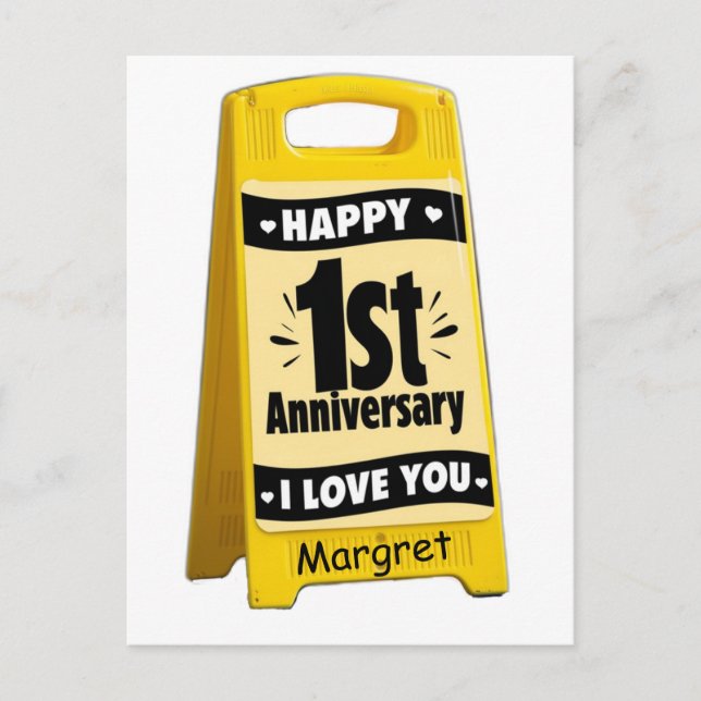 Gul plastgolvskylt glad 1-årsdag  vykort (Framsida)