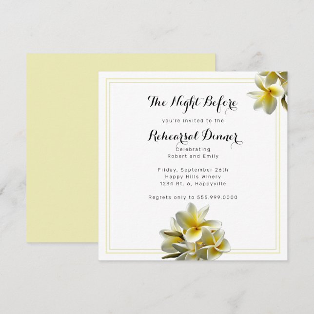Gul Plumeria Rehearsal Middag Kvadratformad Inbjud Inbjudningar (Fram/baksida)