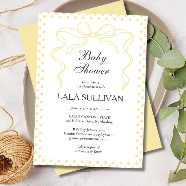 Gul prickig coquettebåge bebisshower  inbjudningar (Yellow Polka Dot Coquette Bow Baby Shower Invitation)
