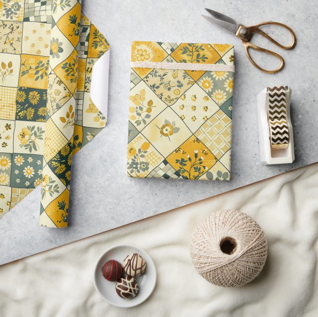 Gul Quilt Rutig Blommönster Presentpapper (Hantverk)
