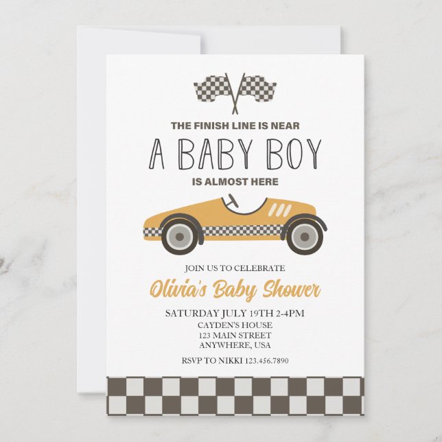 Gul Racingbil Baby Shower Inbjudningar (Framsida)