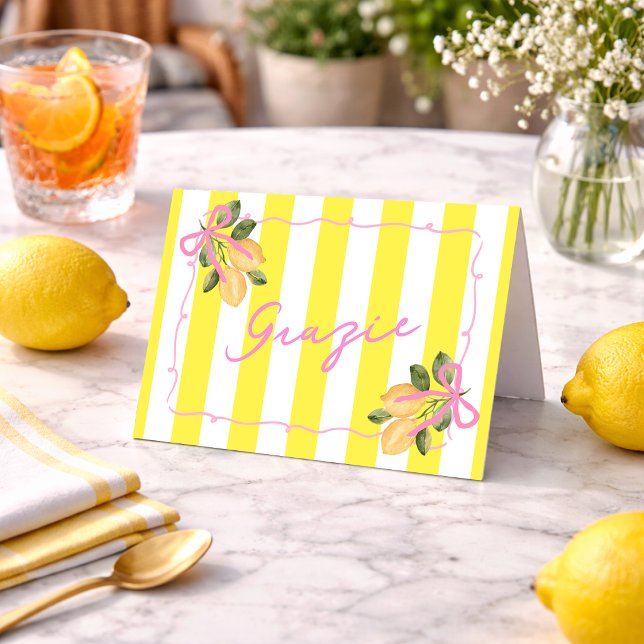 Gul Rand Grazie Citron Baby Shower Tack Kort (Yellow Stripe Grazie Lemon Baby Shower Thank You Card)