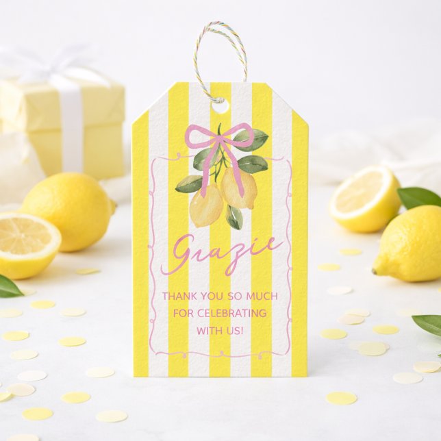 Gul rand Grazie Lemon Baby Shower presentetikett (Yellow Stripe Grazie Lemon Baby Shower Favor Tag)