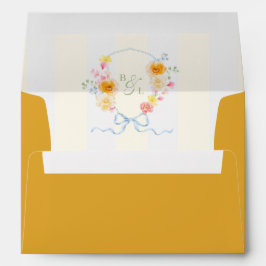 Gul randig blomsterkrönta monogram vårbröllop