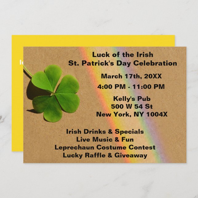 Gul regnbåge St. Patrick's Day-inbjudan Inbjudningar (Fram/baksida)