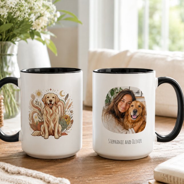 Gul Retriever Foto & Namn Minnessak Mugg (Golden Retriever artwork mug with pet photo for a dog mom birthday gift.)