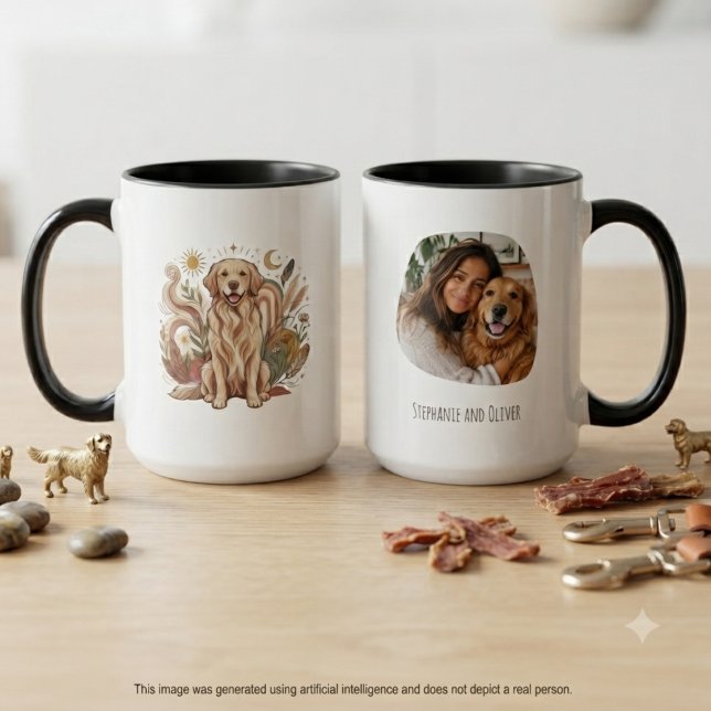 Gul Retriever Foto & Namn Minnessak Mugg (Golden Retriever artwork mug with pet photo for a dog mom birthday gift.)