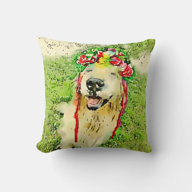 Gul Retriever Hund Med Blomsterkrona Vattenfärg Kudde (Framsida)