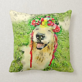 Gul Retriever Hund Med Blomsterkrona Vattenfärg Kudde