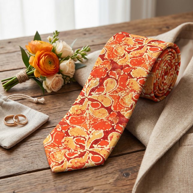 Gul Röd Orange Bali Batik Stil Paisley Mönster Slips (Skapare uppladdad)