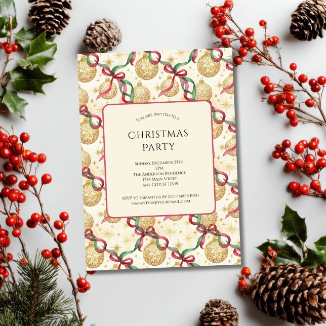 Gul Röda Prydnader Slingor Högtid Julfest Inbjudningar (Gold Red Green Ornaments Bows Coquette Christmas Party Invitation. Printed or Digital Download)
