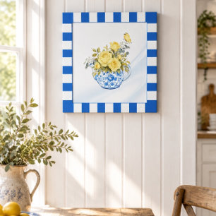 Gul ros Blå och vit tekanna rutig kant Poster