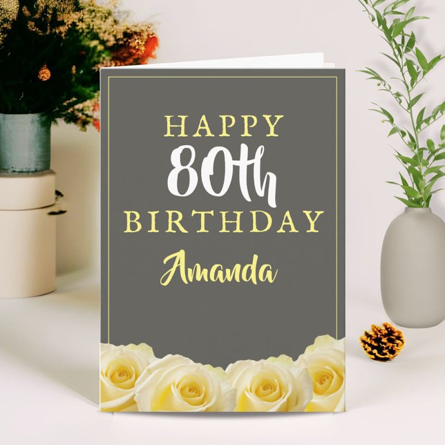 Gul Ros Blomma Blommig 80-årsdag Kort (Skapare uppladdad)